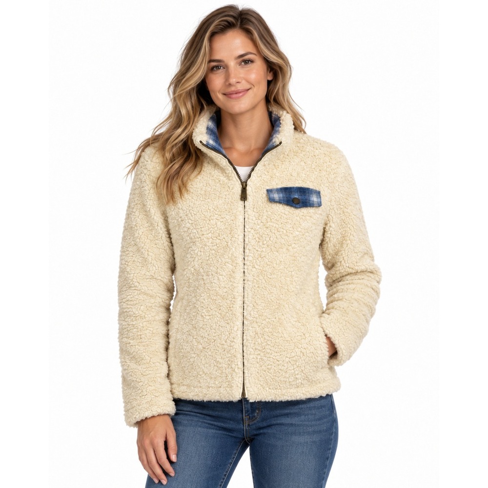 Pendleton Unisex Cream Sherpa Fleece Plaid Trim Zip Jacket | Size Large